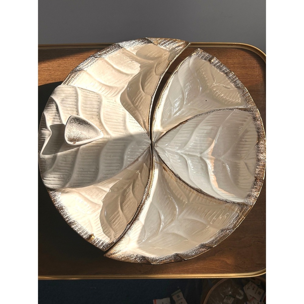 California Originals 595-USA Leaf Lazy Susan Ceramic Serving Set Gold Trim MCM‎